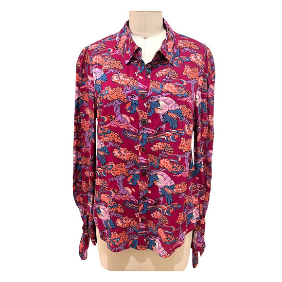 Anthropologie Maeve Darla Button Down Bird Floral Top SZ6 Multi Color Burgundy - Picture 3 of 10
